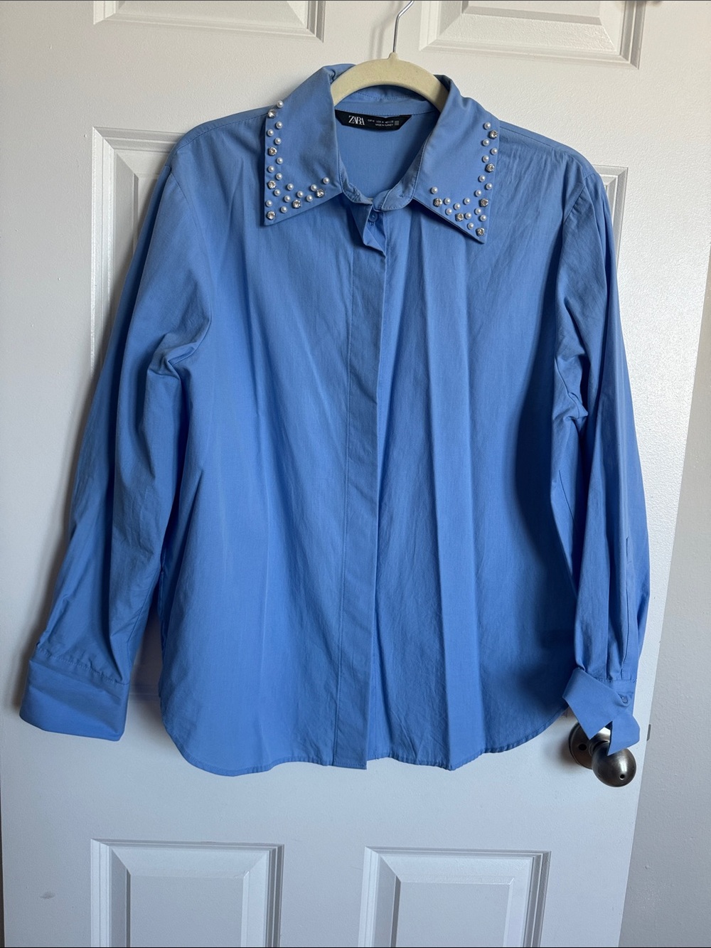 Zara Powder Blue Pearl-Stud Collar Shirt